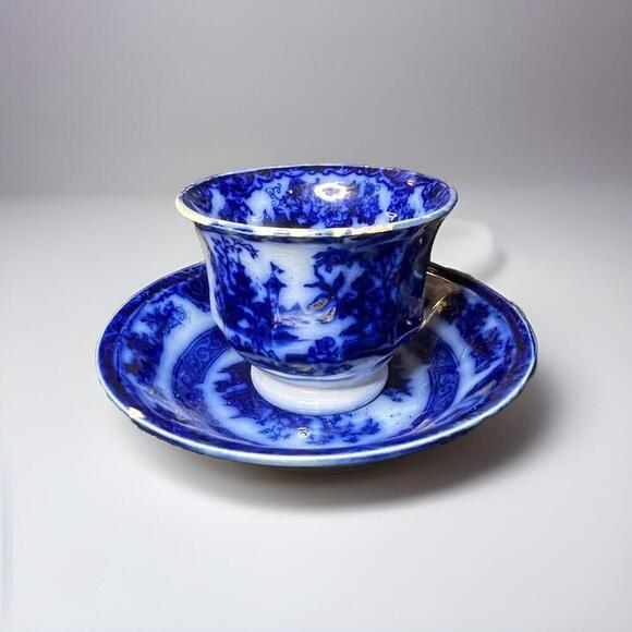 Antique‎ Temple Blue Flow Ironstone Cup And Saucer handleless Aged 1800s - Picture 1 of 9